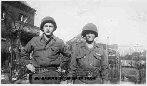 Homburg, Germany, 1945. Pfc. John J. Pisano,  Jr. at left. Cpl. William R.  Haskin at right